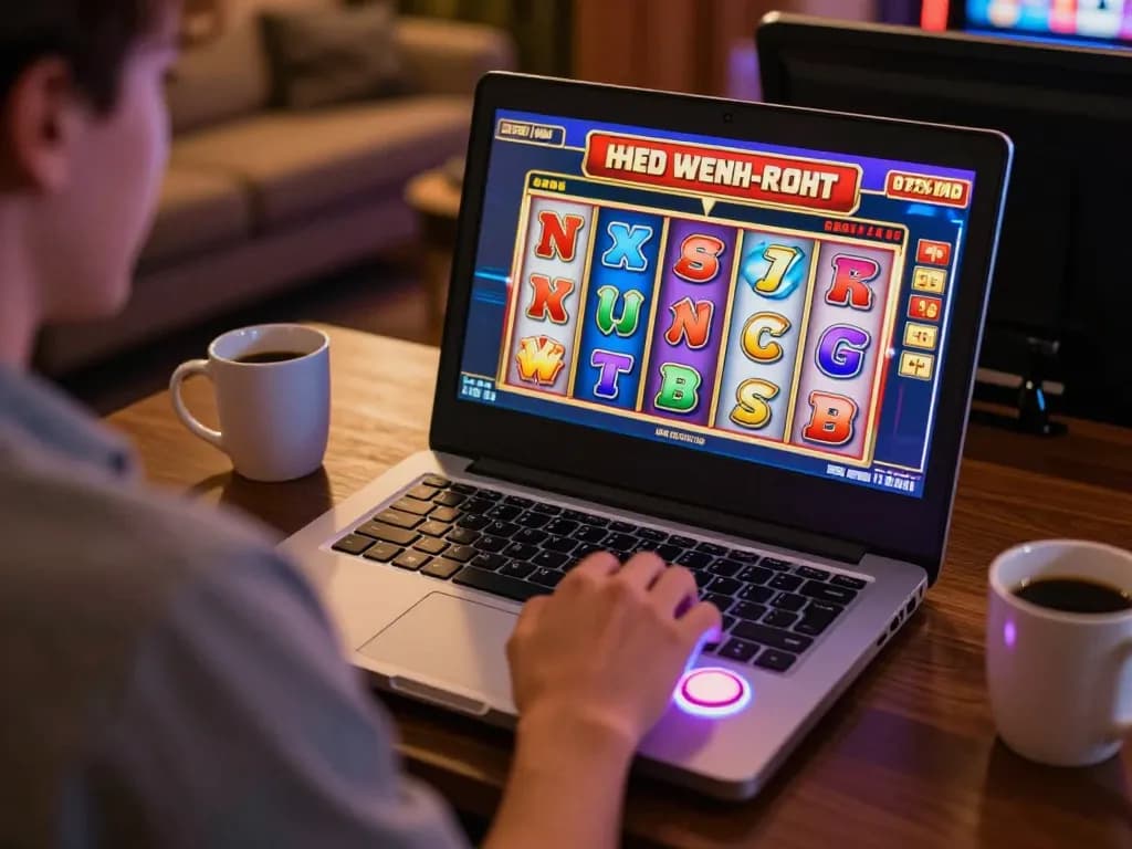 Engaging with a slot machine on Megaplus88 online casino, capturing the excitement of a big win