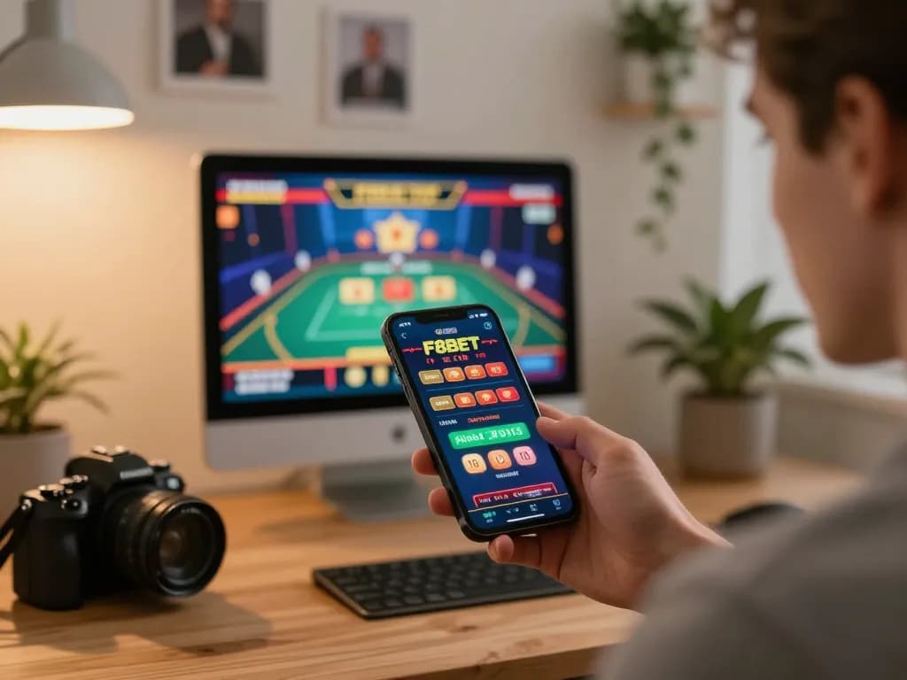 Engaging with F8BET casino app in a cozy home setting, showcasing virtual betting excitement.