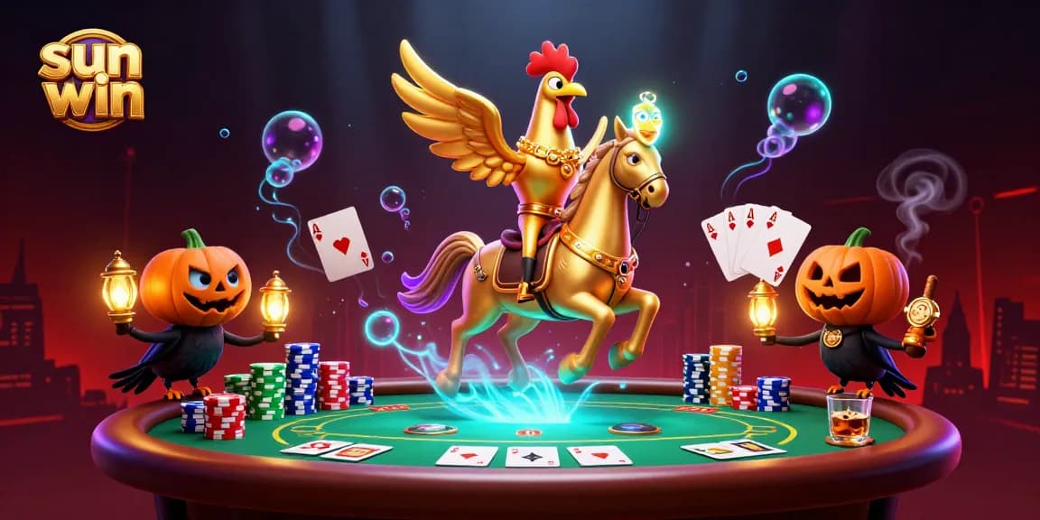 Catch the excitement at sun win with a golden rooster in a vivid casino scene, engaging in high-stakes poker.