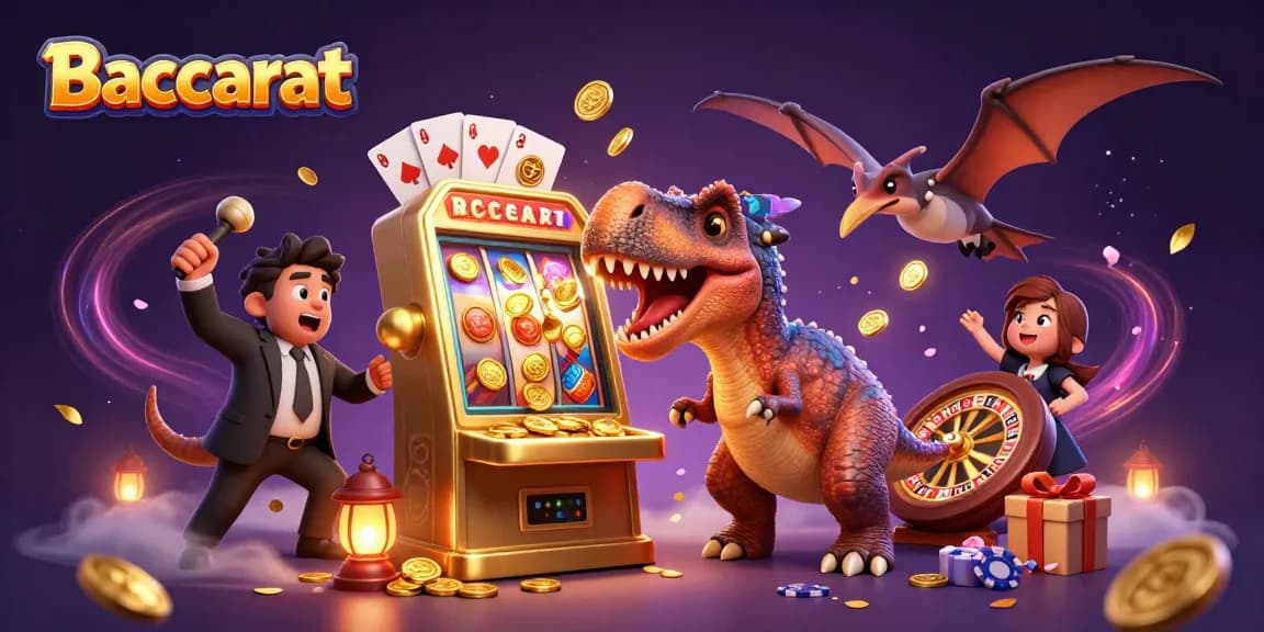 Baccarat game scene with a cartoon dinosaur and slot machine pouring out gold coins, showcasing an exciting casino atmosphere.