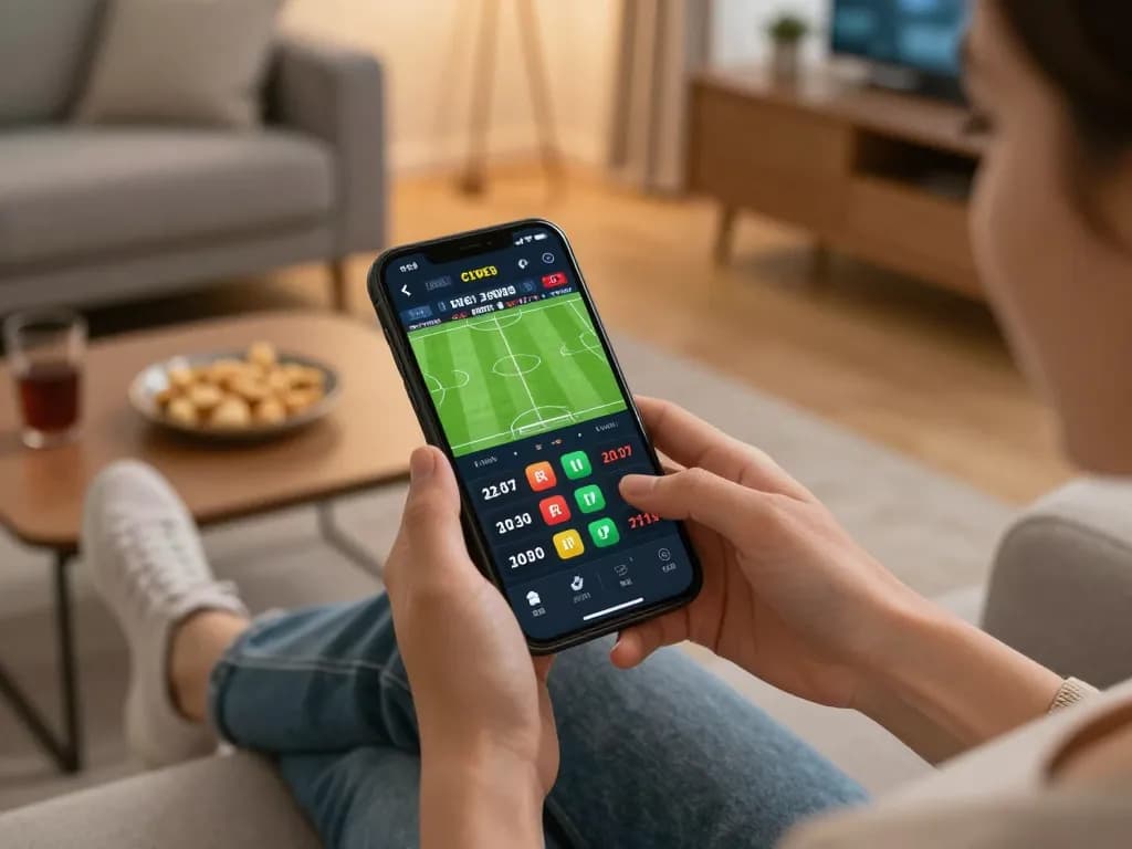 Engaging sports betting experience with BL555 on a smartphone in a cozy home setting
