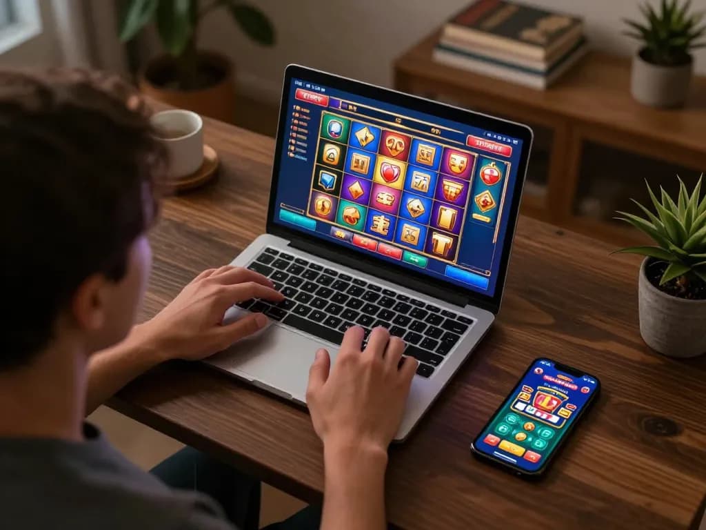 Engaging online gameplay featuring link slot action on a laptop with cozy home surroundings
