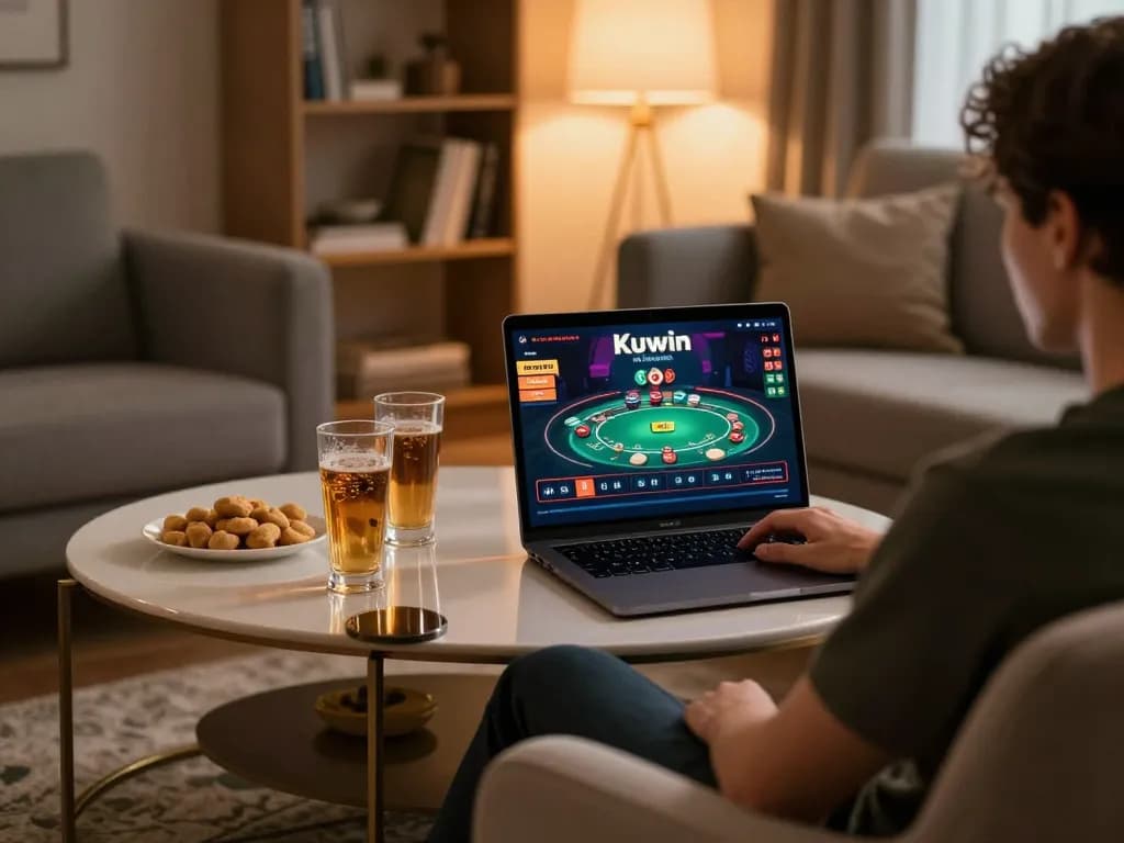 Kuwin online gaming experience with player engaged in poker on laptop and cozy ambiance.