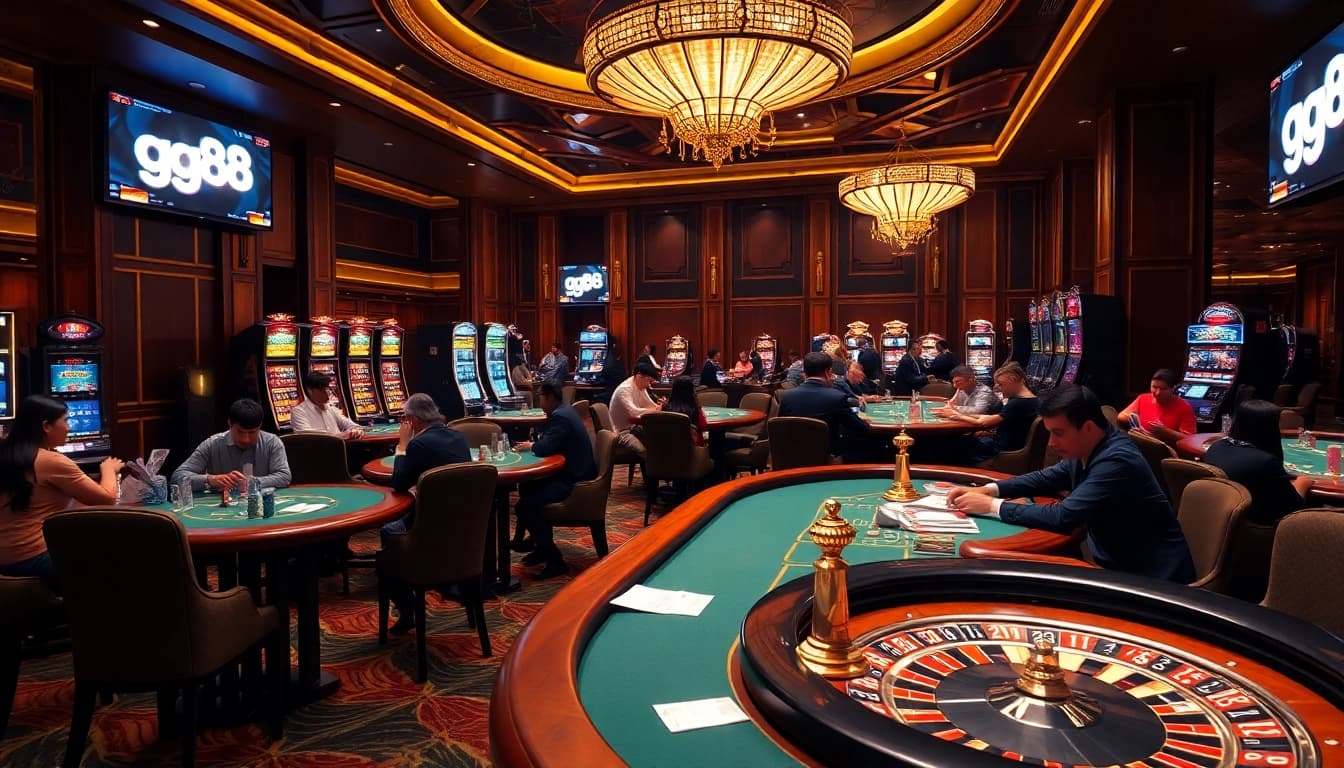 Excitement in a gg88-themed casino with poker tables, slots, and vibrant roulette wheels.