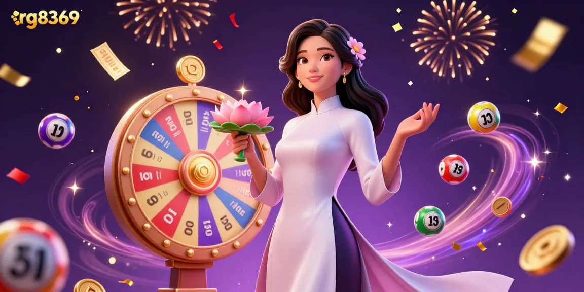 Experience the thrill of online gambling with rg8369, featuring a graceful Asian woman in traditional dress amid lottery elements and celebrations.