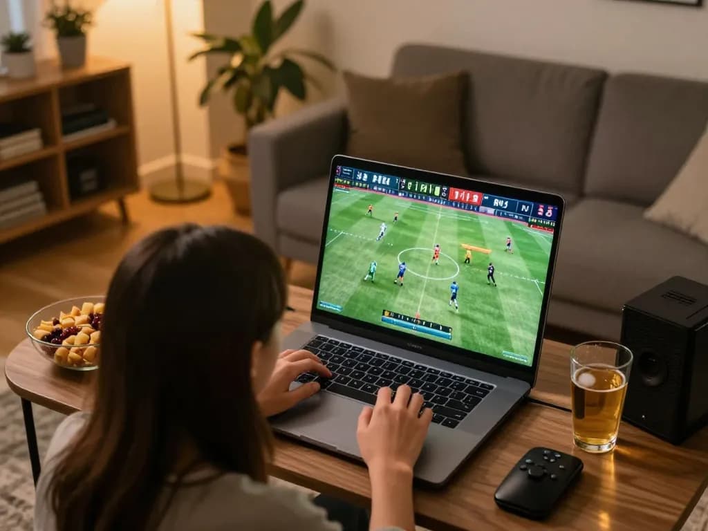 Engaging in sports betting at home with MMOO on a laptop, showcasing excitement and convenience.