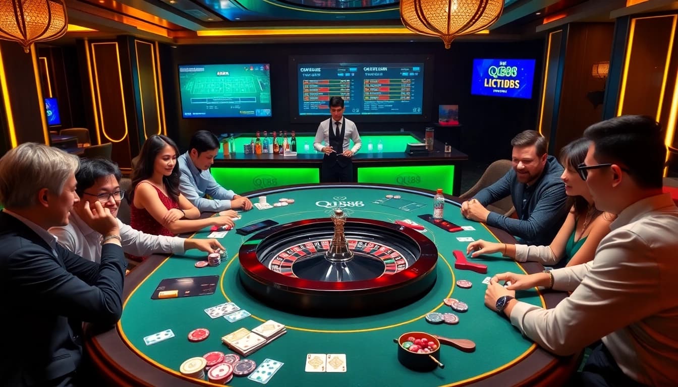 Experience the excitement at qq88.life with vibrant casino games and engaging players in a luxurious setting.