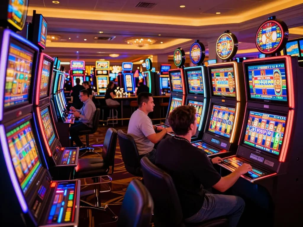 Experience MAX88 excitement with players spinning vibrant slot machines in a lively casino.