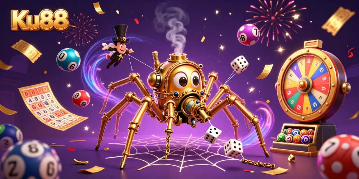 Win exciting prizes with Ku88 in this vibrant steampunk casino illustration featuring a golden spider.