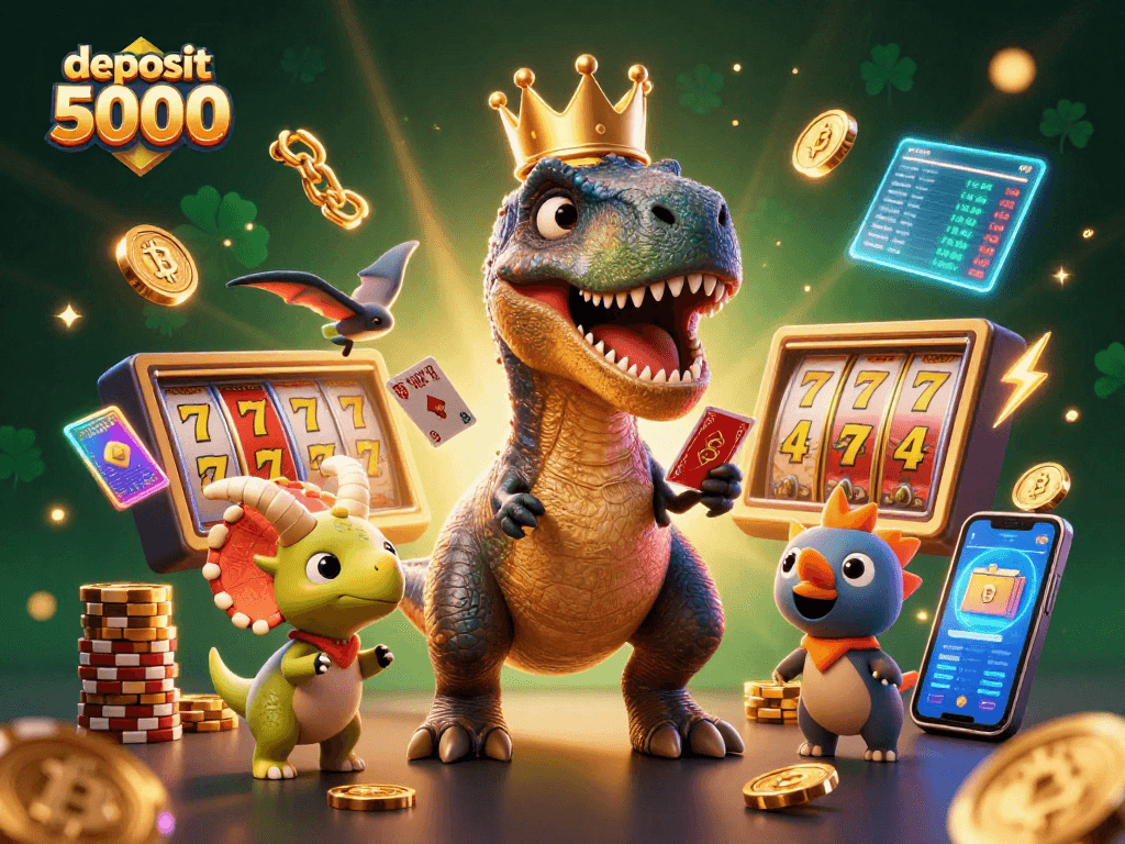 Experience the thrill of deposit 5000 gaming with vibrant slot reels and friendly characters in an engaging casino scene.