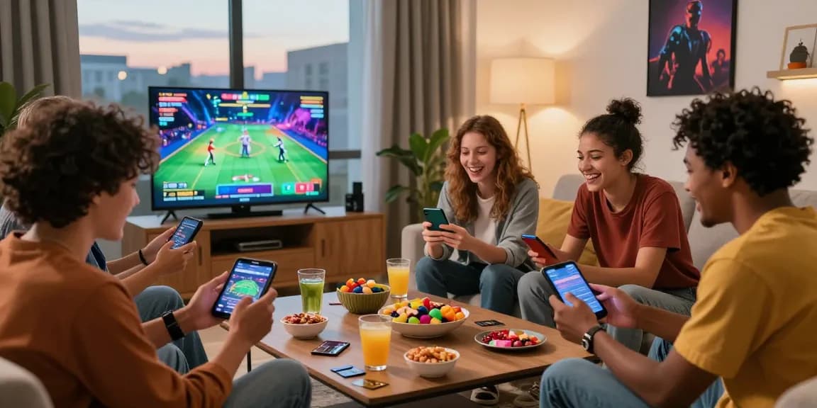 Group of friends enjoying a lively gaming night with credit card casinos, mobile devices, and snacks in a stylish living room.