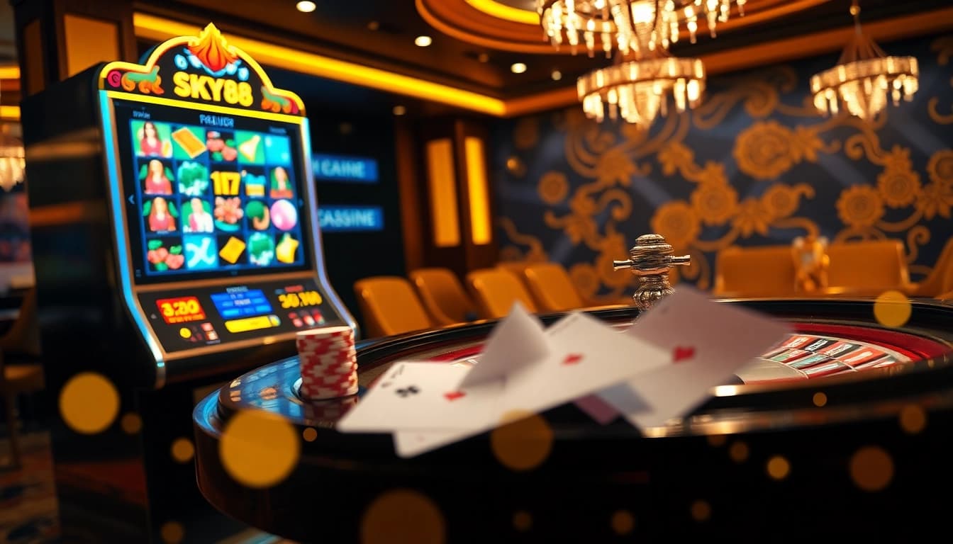 Experience exciting gameplay at SKY88 with vibrant slot machines and lively casino tables.