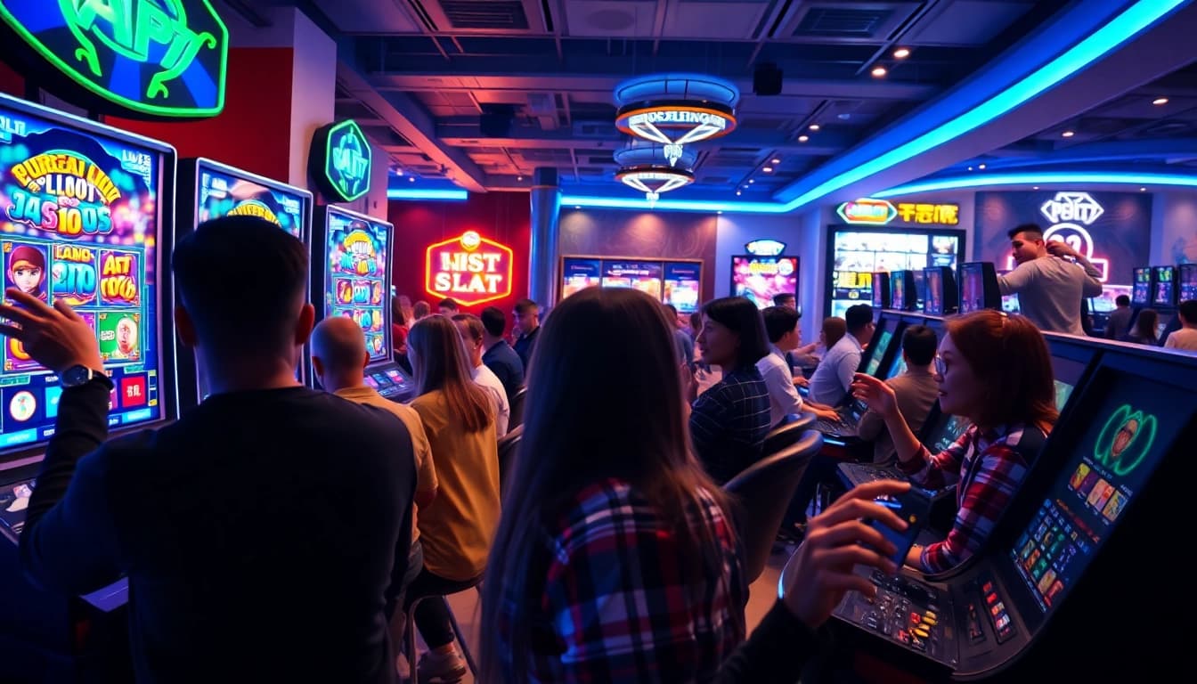 Asupantoto online gaming environment with diverse players enjoying vibrant slot games in a modern lounge.