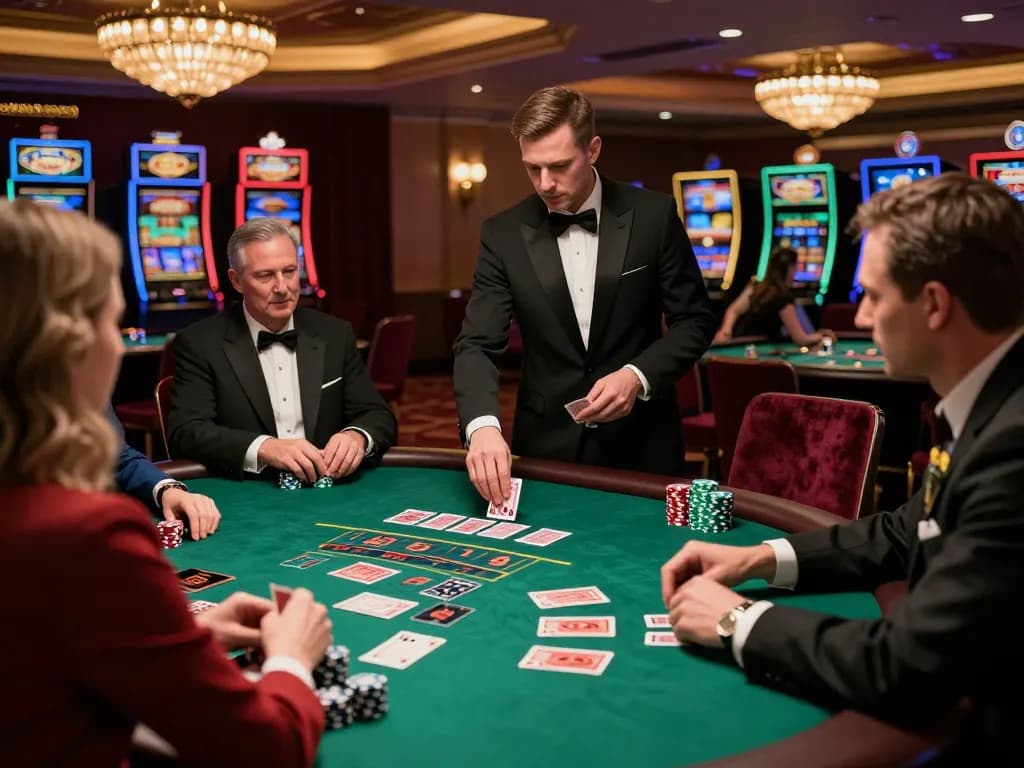 Players enjoying intense gameplay at an F168 blackjack table in a luxurious casino setting