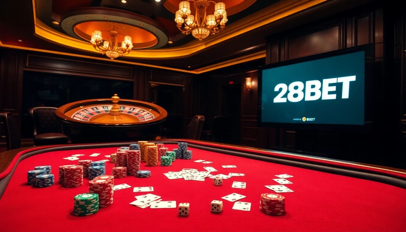 Experience the excitement of gambling at 28BET with vibrant poker tables and roulette wheels.