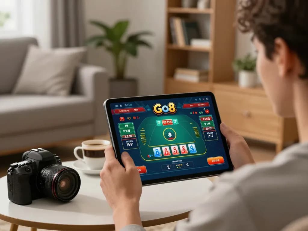 Engaging moment of playing Go8 casino on a tablet in a cozy living room setting, highlighting online gaming.