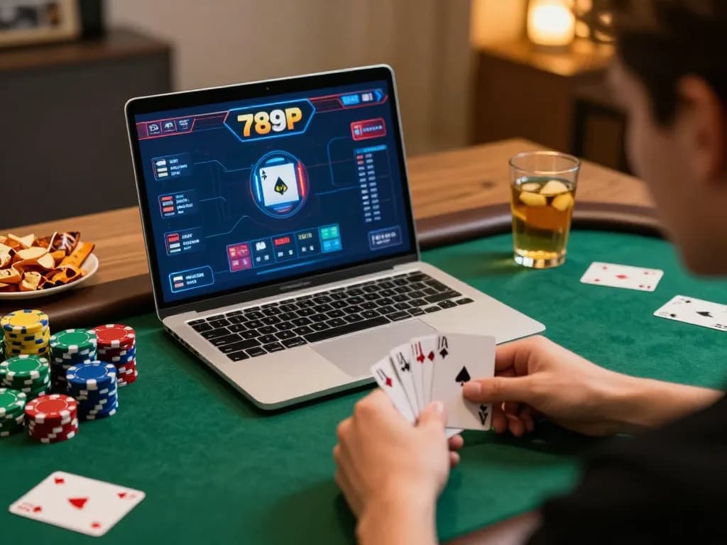 Player using online casino 789P interface during home poker game, showcasing strategic gameplay.