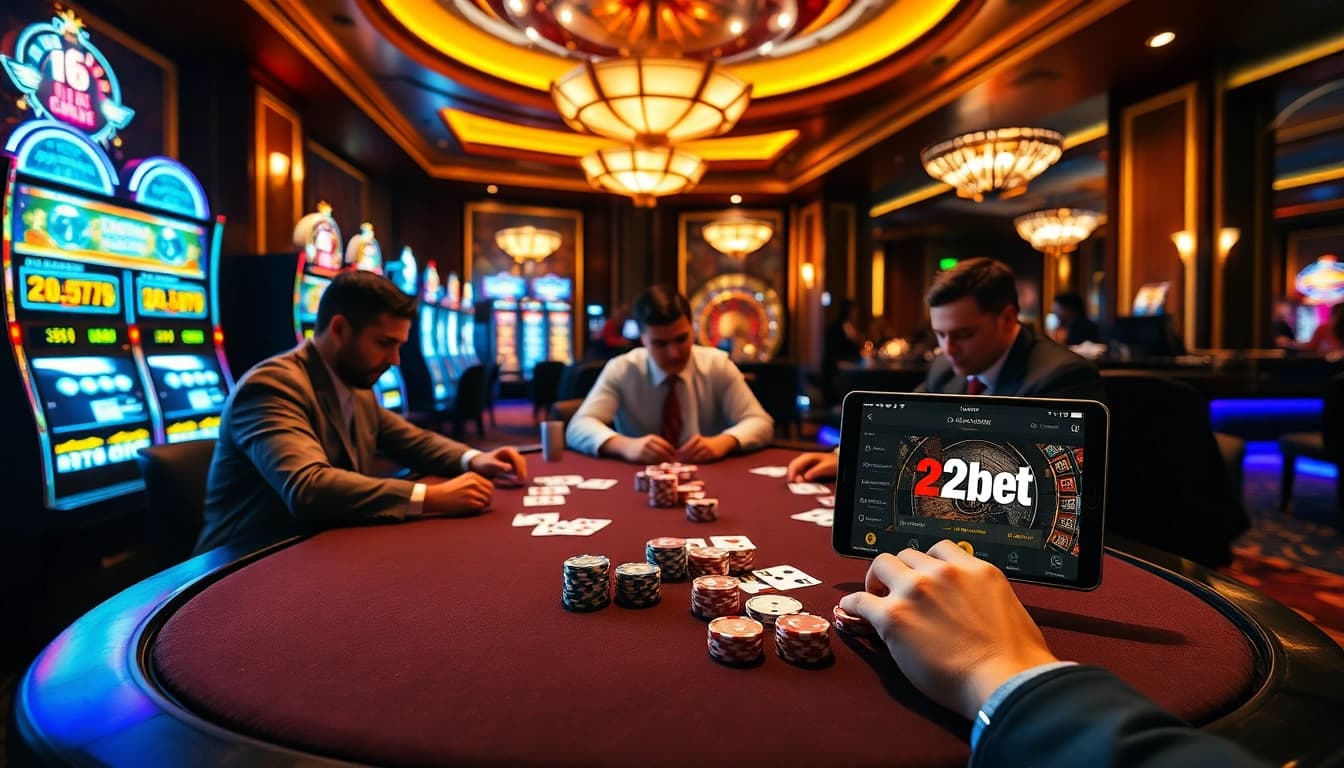 e2bet players enjoying a high-stakes poker game with vibrant slot machines in an upscale casino.