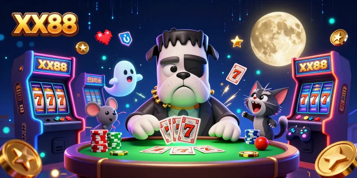 XX88 reveals a vibrant casino scene with a bulldog monster dealing cards amidst fun gaming elements