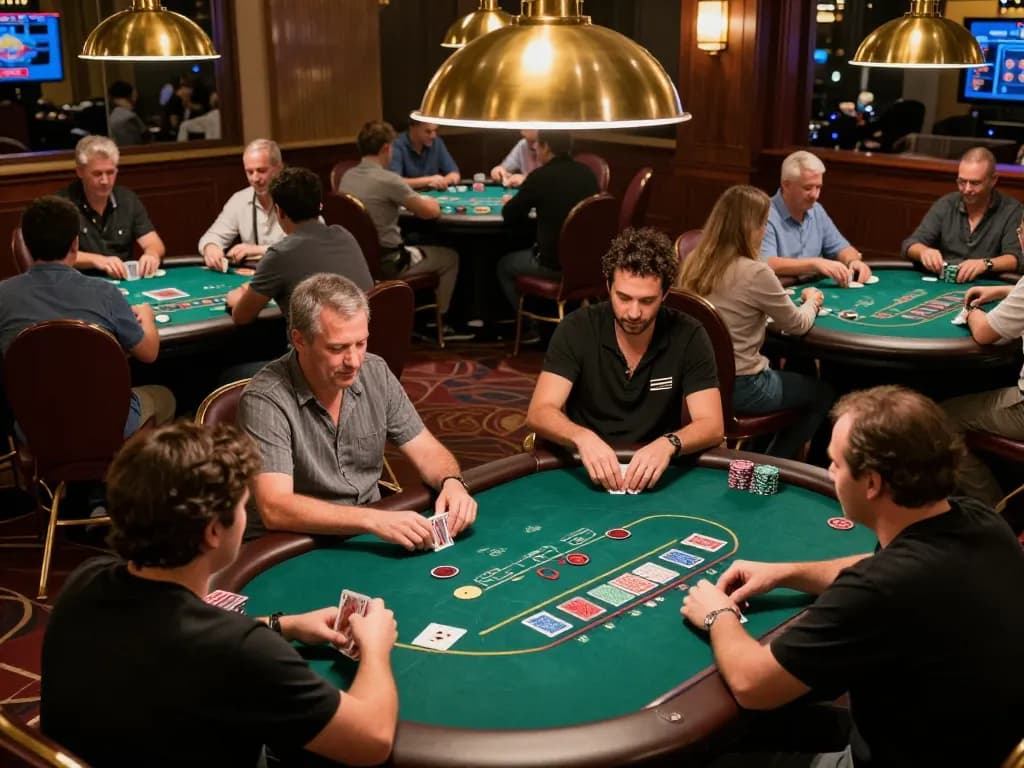 Pemain BAGUS333 dengan antusias terlibat dalam permainan poker dinamis di kasino yang hidup dengan pencahayaan ambient yang hangat.