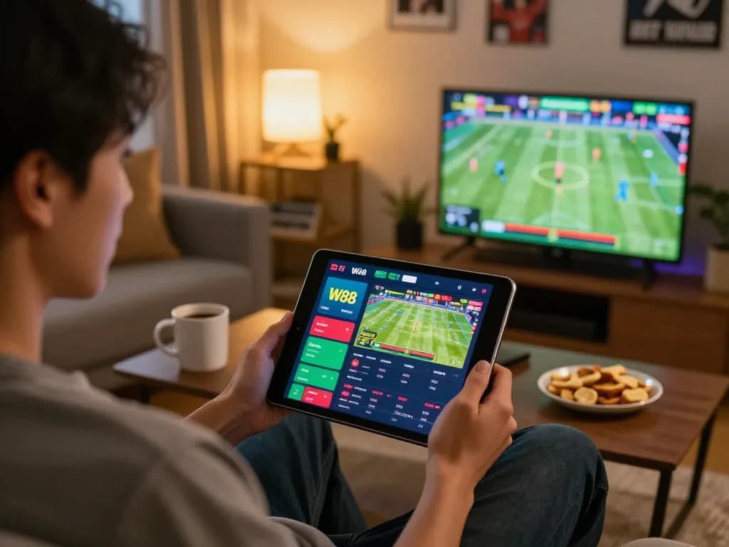 Person placing bets on the W88 sports app during a cozy online gaming session.