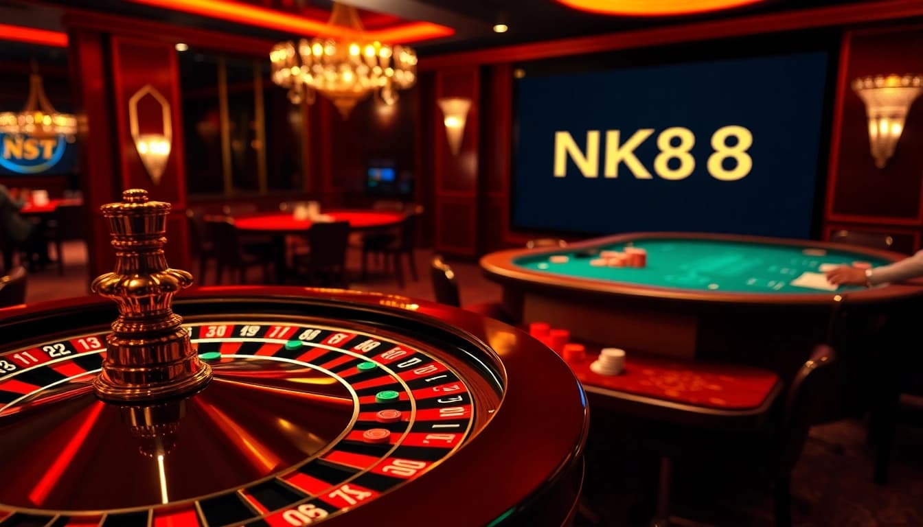 Engaging scene of players gambling at NK88's vibrant roulette and poker tables.