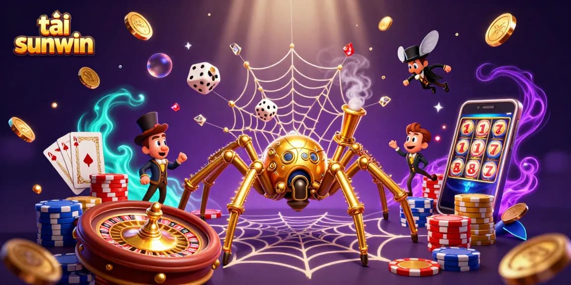 Engage with tải sunwin in a vibrant 3D casino scene filled with golden chains, cards, and coins.