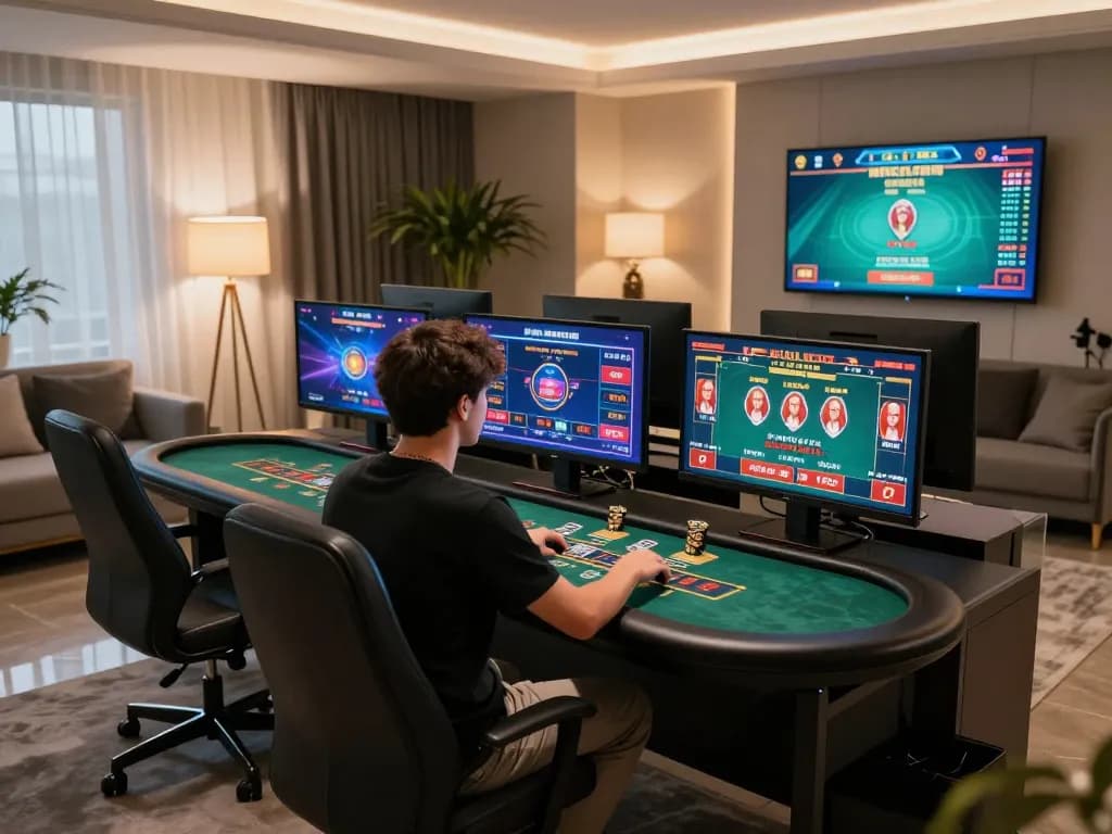 Sunwin player engaging with live dealer games on multiple screens in a stylish home setup