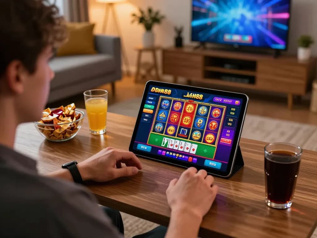 Engaging with the dash88 casino app on a tablet in a cozy home setting, showcasing exciting gameplay.