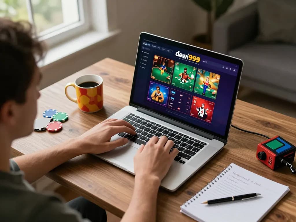 Permainan online yang menarik di dewi999 yang menampilkan opsi poker di laptop dengan catatan strategis.