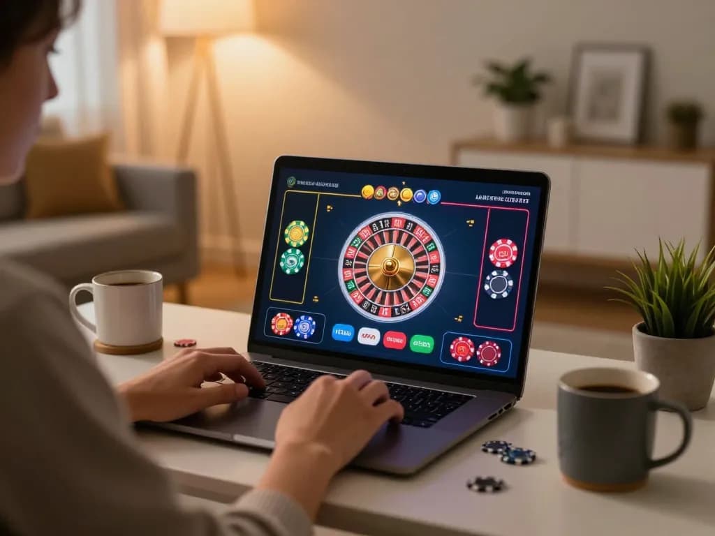 Engaged user playing fabet roulette game on laptop in a cozy home environment.