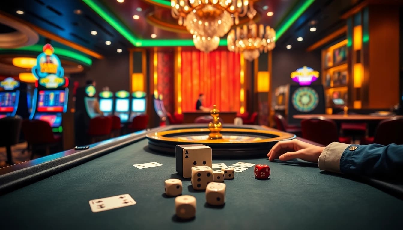 Kkwin players enjoying a thrilling game at a luxurious casino table with vibrant cards and dice.