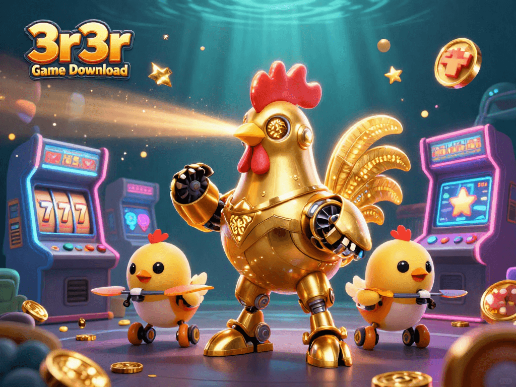Experience the thrill of 3r3r Game Download with vibrant arcade elements and golden casino symbols.