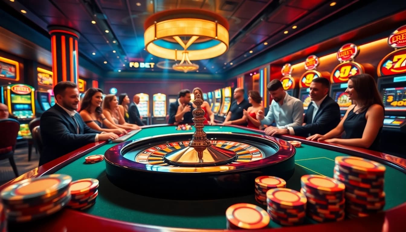 F8BET players engaging at a luxurious casino table, capturing the thrill of high-stakes gambling.