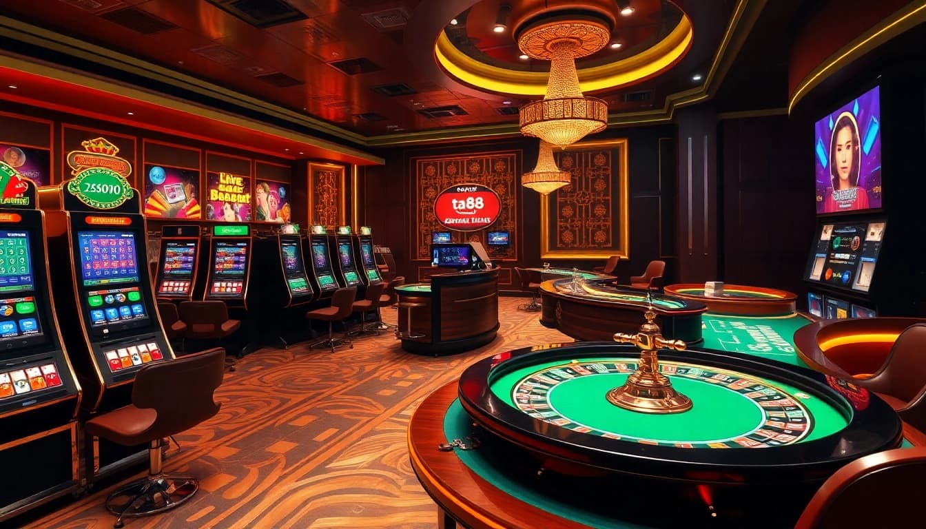 Experience the excitement of ta88 with vibrant roulette and slot machines in a luxurious casino setting.