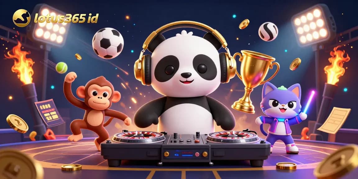 Catch the excitement of lotus365 id with a DJ panda spinning roulette wheels amidst dynamic sports betting elements.