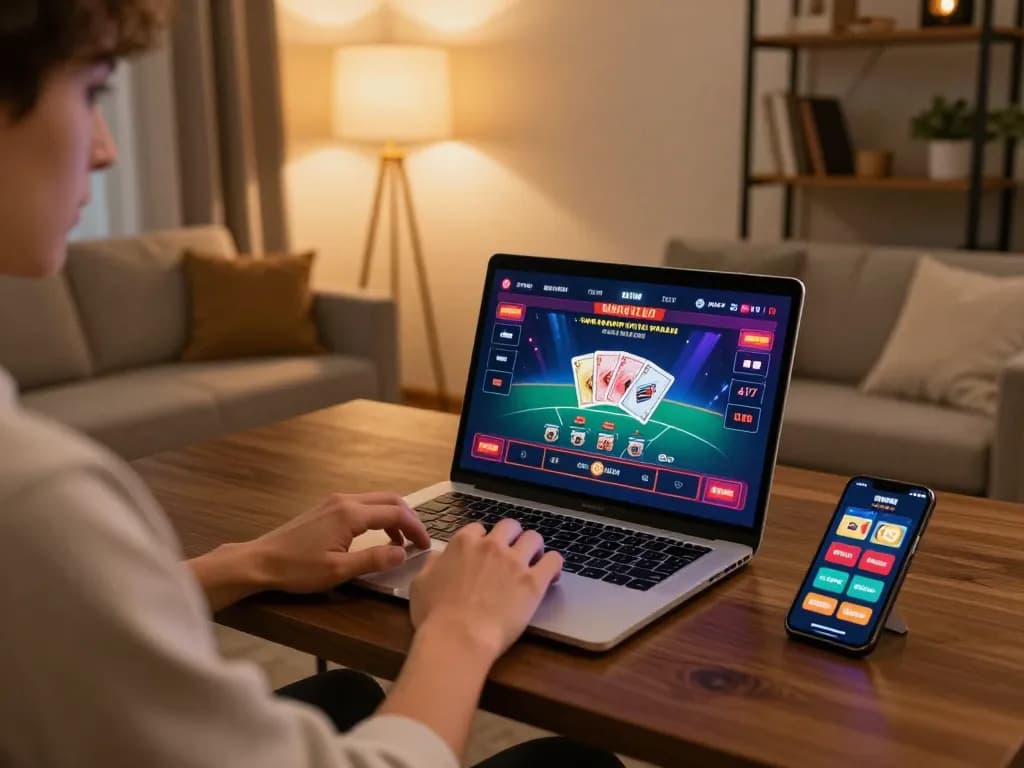 Engaged user playing live dealer games at LC88 online casino from a cozy home setup.