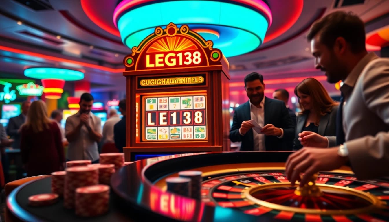 Exciting gamblers enjoying the game at LEGO138 slot machine in a luxurious casino.