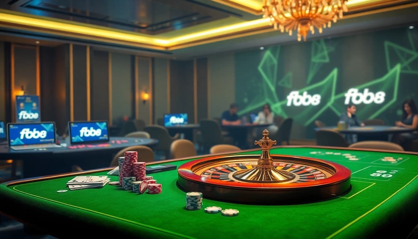 Experience high-stakes excitement with fb88's vibrant casino atmosphere filled with poker chips and dynamic gaming.