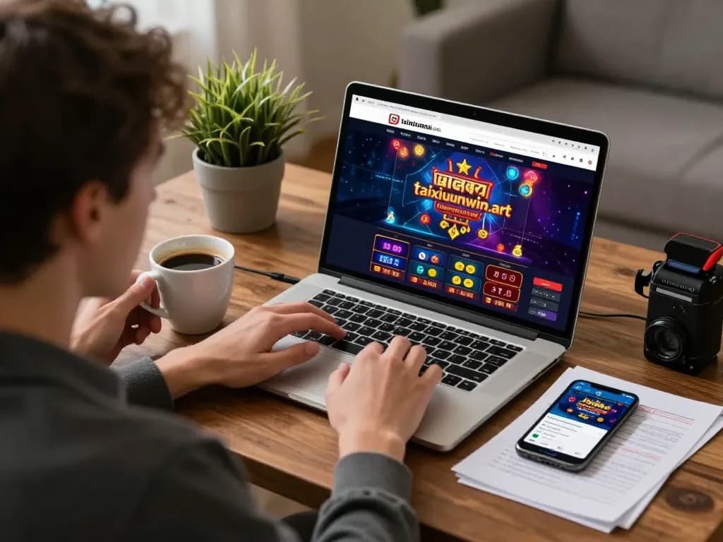 Engaged player using taixiusunwin.art for online casino gaming, analyzing strategies with notes.