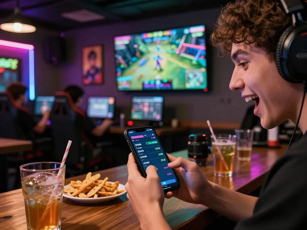 Experience esports betting Singapore as a fan places bets on a live esports match using a smartphone in a lively sports bar.