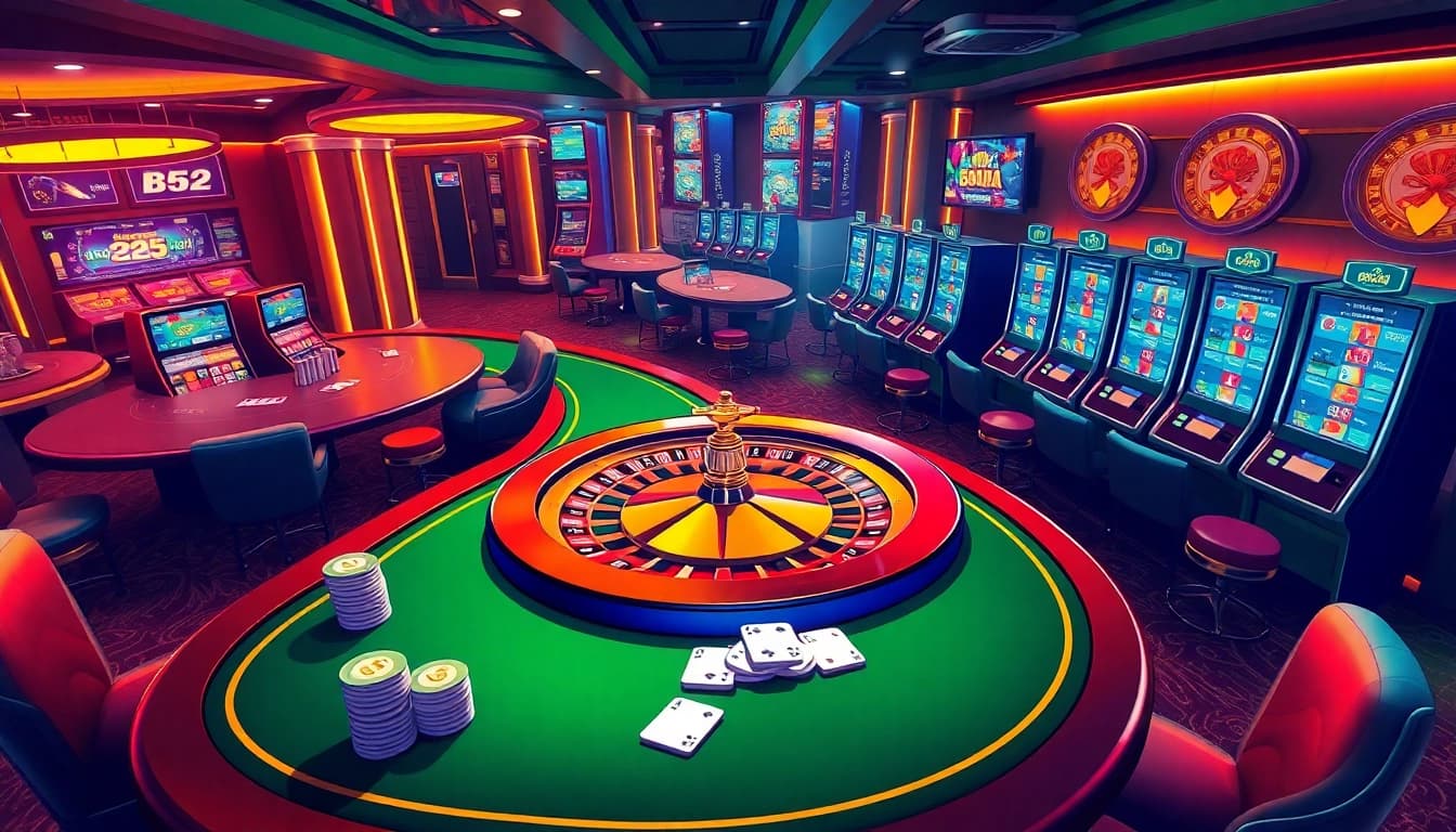 B52 online casino scene with poker chips, elegant tables, and advanced betting interfaces.