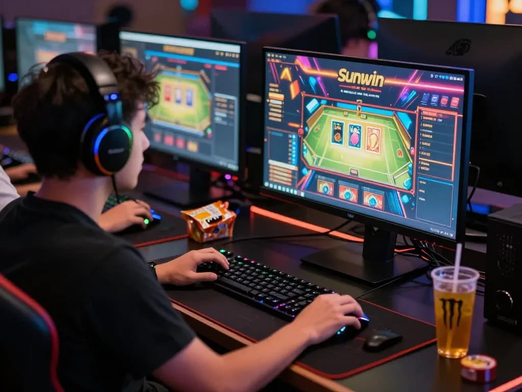 Player engaged in link vào sunwin online gaming with vibrant graphics and dynamic workspace setup