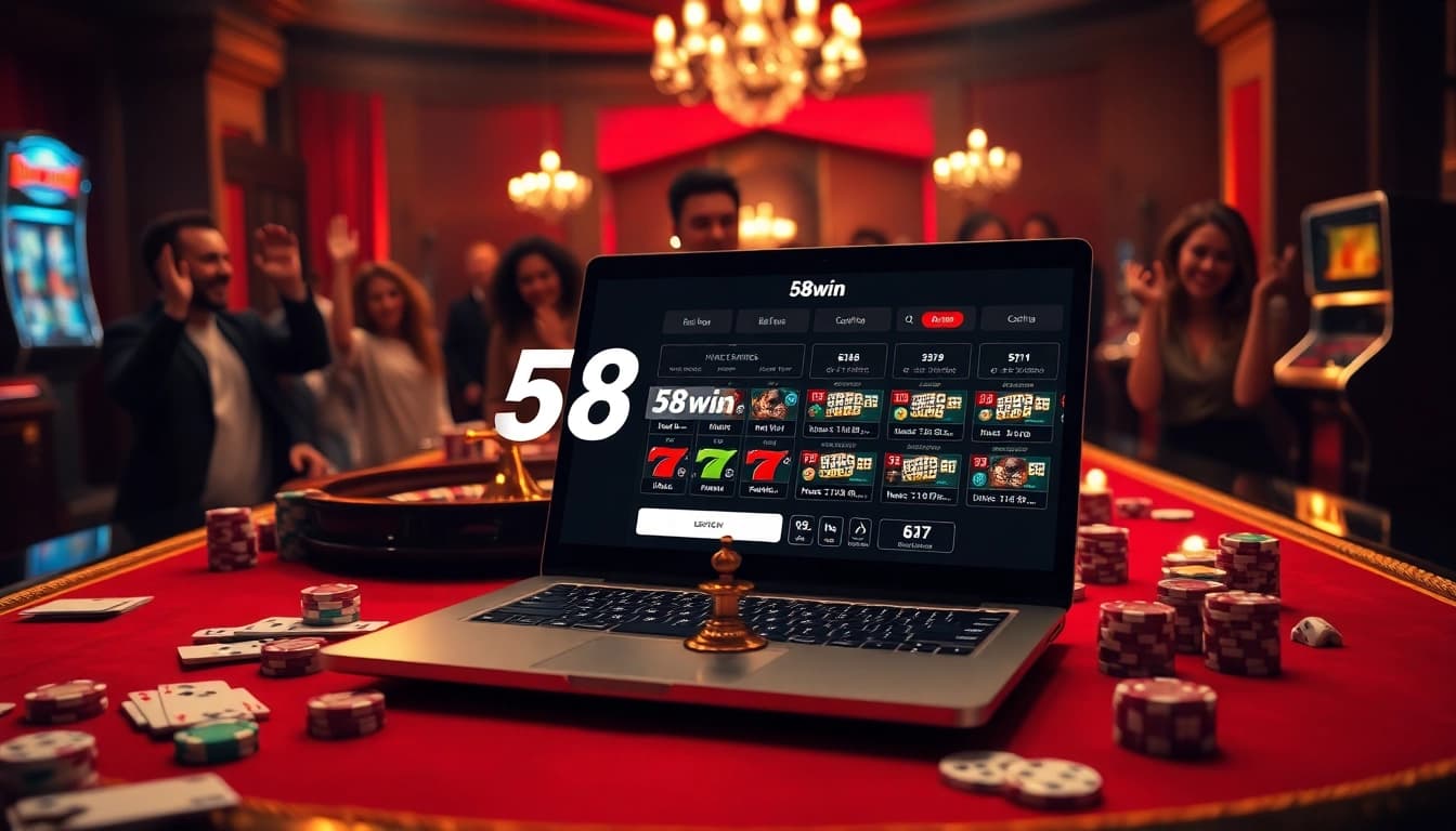 Experience the luxury of online gambling with 58win's vibrant casino scene filled with roulette, chips, and players.