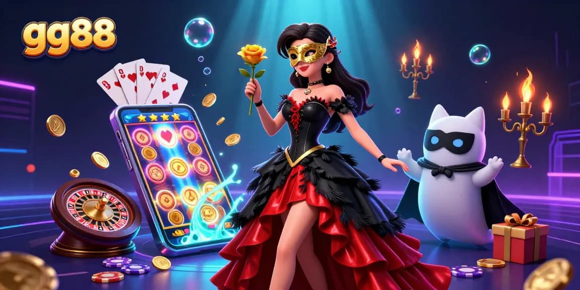 Win big with gg88 featuring a stunning 3D woman and casino elements in vibrant colors.