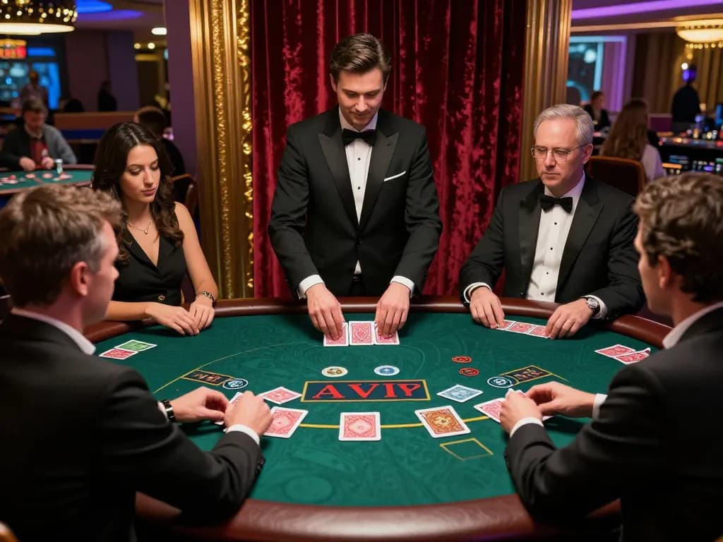 Players at F8beta2's blackjack table making strategic bets under warm casino lights