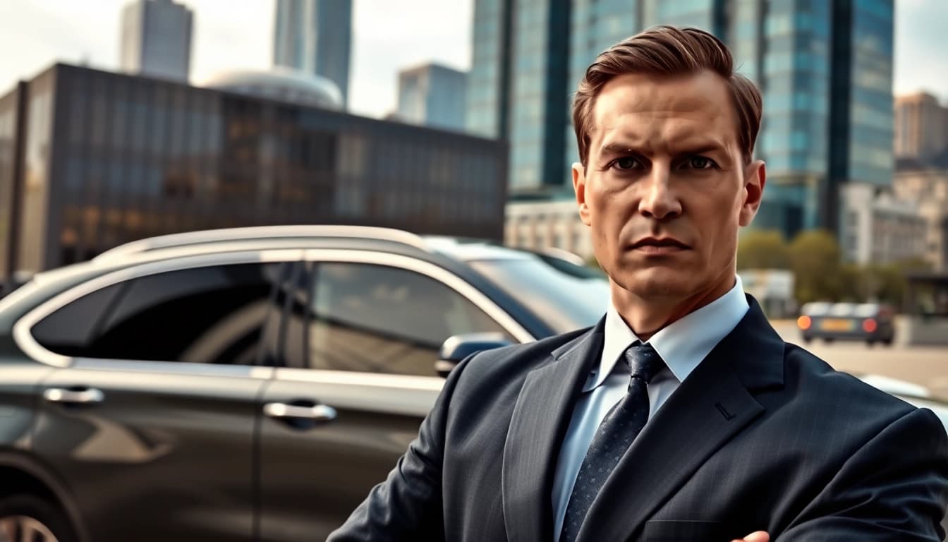 Professional Body Guard Program featuring a dedicated bodyguard in urban setting.