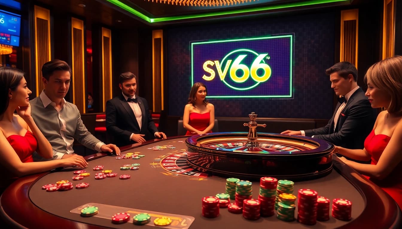 Players engaged at the SV66 poker table, experiencing high-stakes excitement in a luxurious casino.