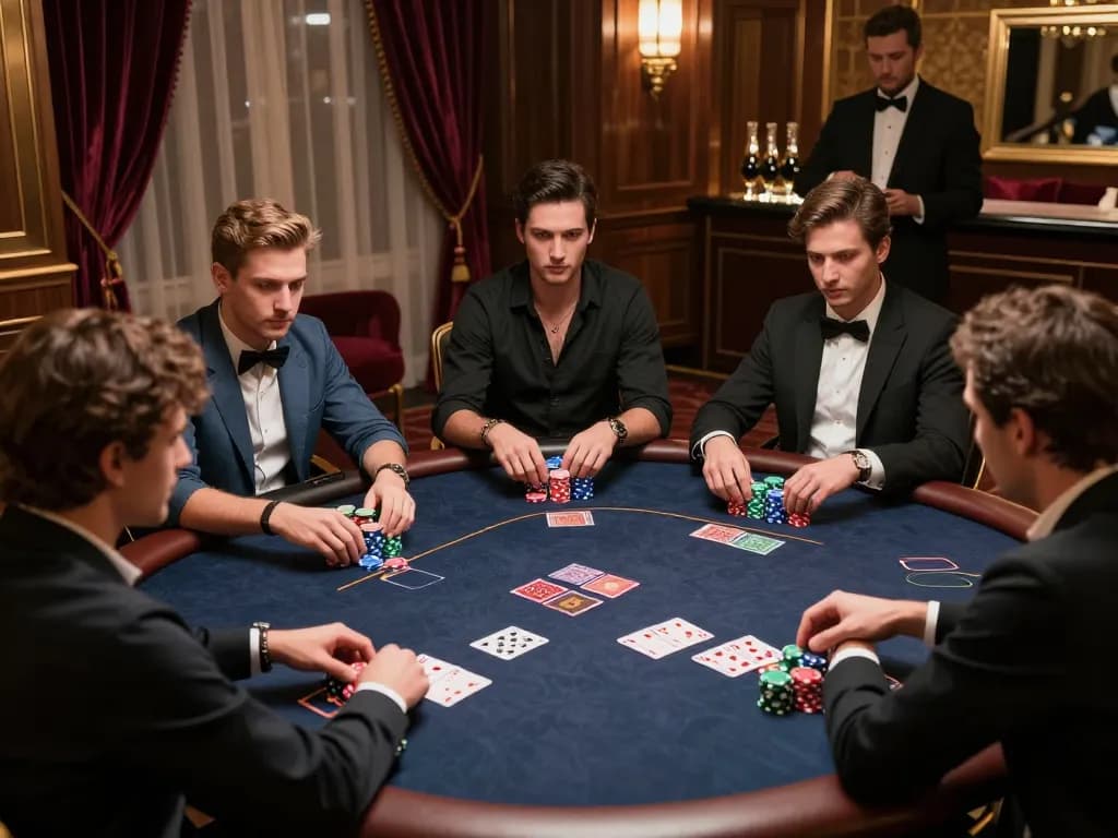 Pemain TEPAT88 menyusun strategi di ruang poker mewah, chip ditumpuk dan kartu siap untuk aksi