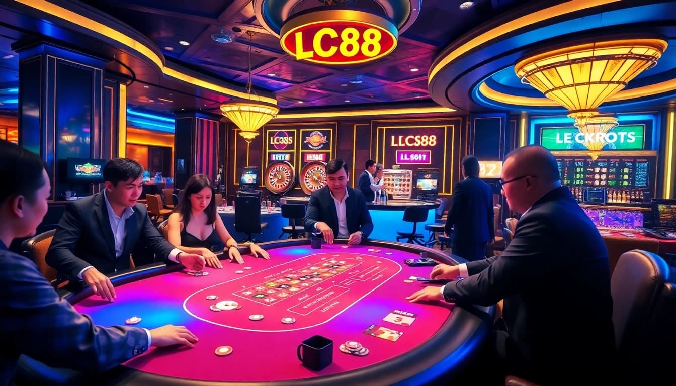 Players enjoying an exciting blackjack game at LC88's luxurious casino table.